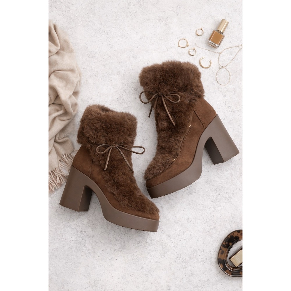 ShoeDazzle Rowan Brown Faux Fur Platform Chunky Heel Ankle Boots Women‎ US 8